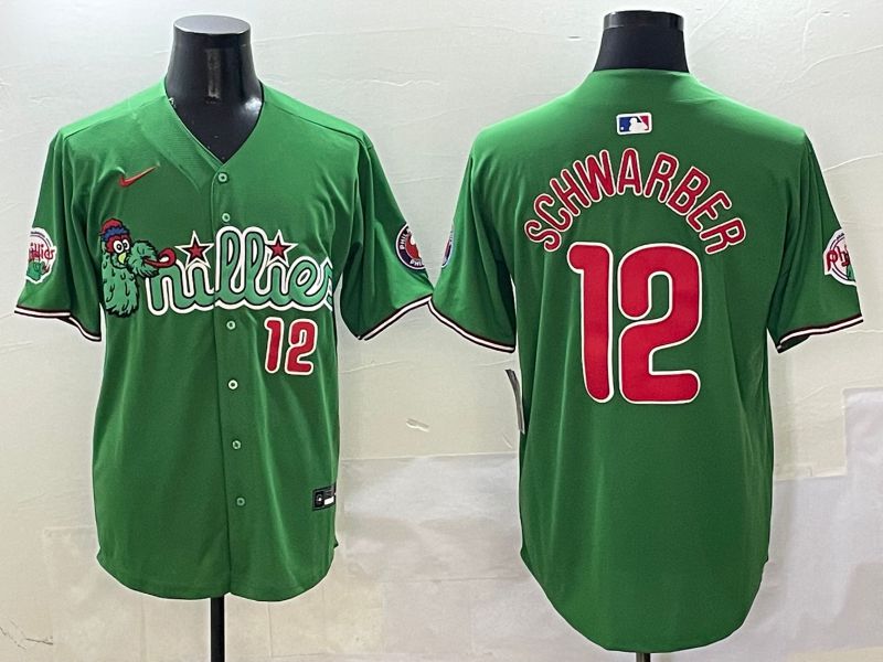 Men Philadelphia Phillies #12 Schwarber Green three generations Joint Name Nike 2025 MLB Jersey style 20